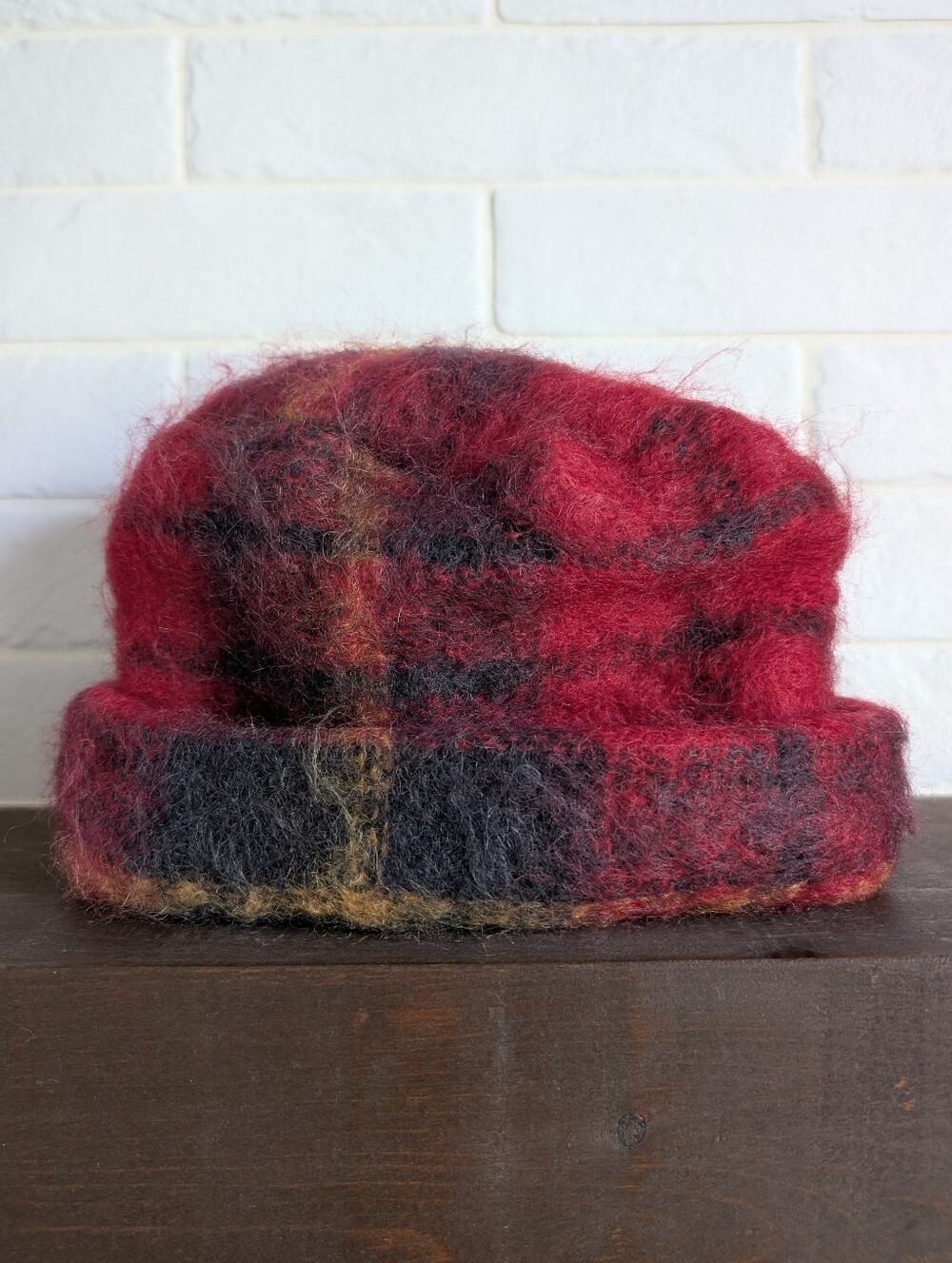 Cushendale Mohair Wool Made In Ireland Red Plaid Thick Warm Hat Toque